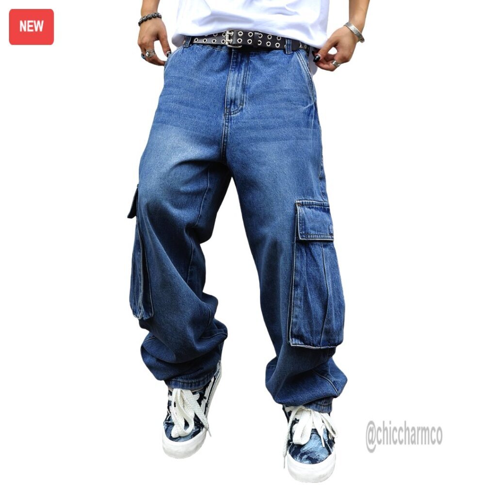 Men's Baggy Cargo Jeans Wide Leg Loose Fit Y2K Hip Hop Streetwear